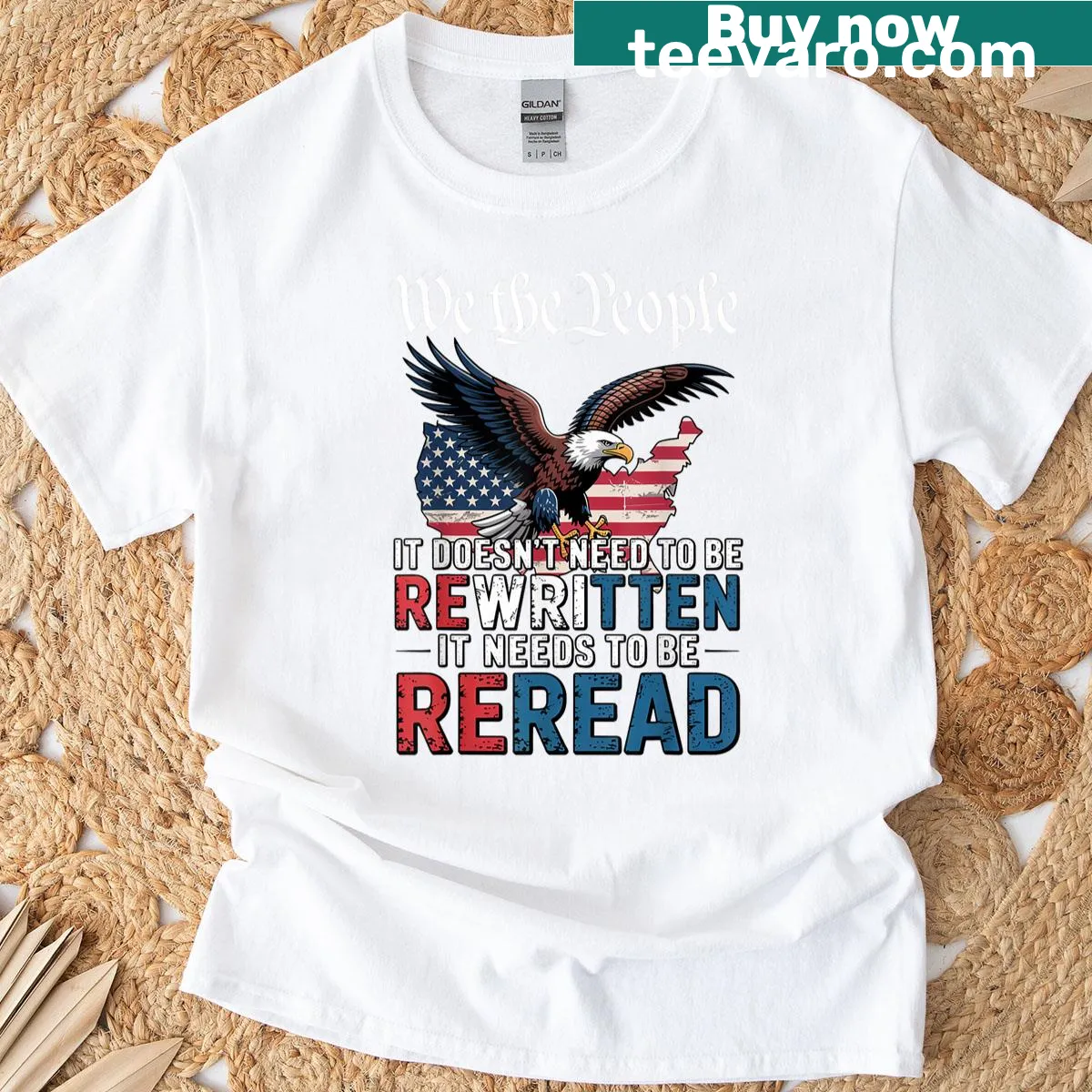 Eagle and USA flag graphic with text on a patriotic t-shirt — on a men's t-shirt