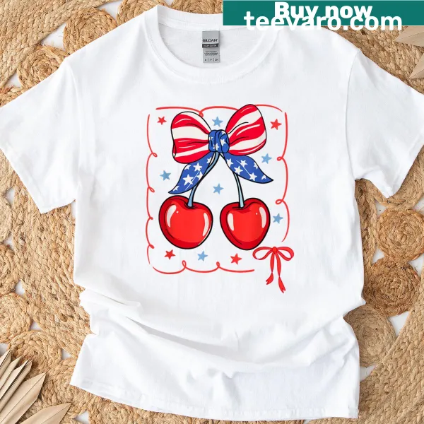 Whimsical patriotic design with bow and cherry on t-shirt