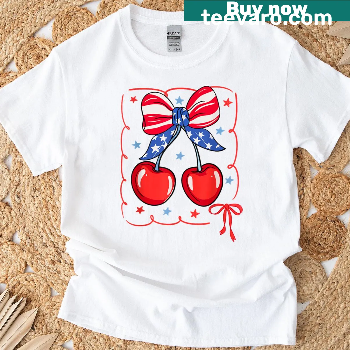 Whimsical patriotic design with bow and cherry on t-shirt — on a men's t-shirt