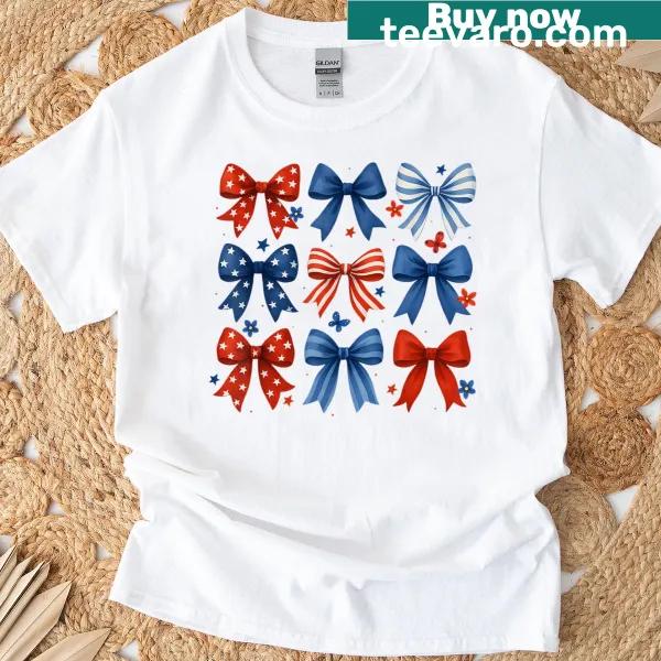 Retro 4th of July t-shirt with coquette bow and American flag