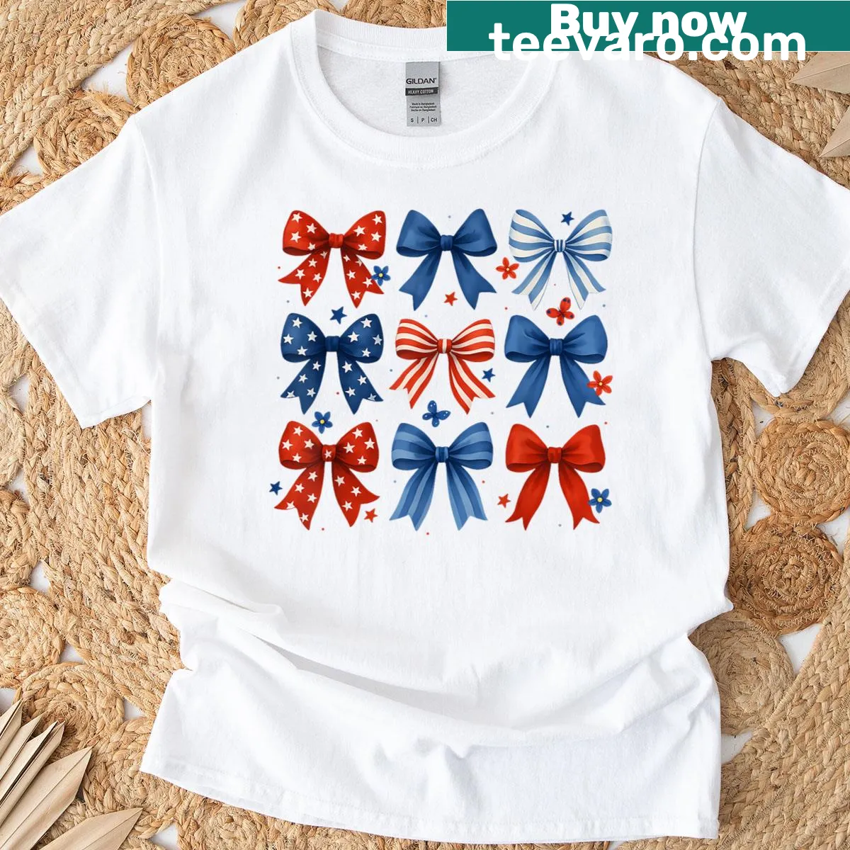 Retro 4th of July t-shirt with coquette bow and American flag — on a men's t-shirt