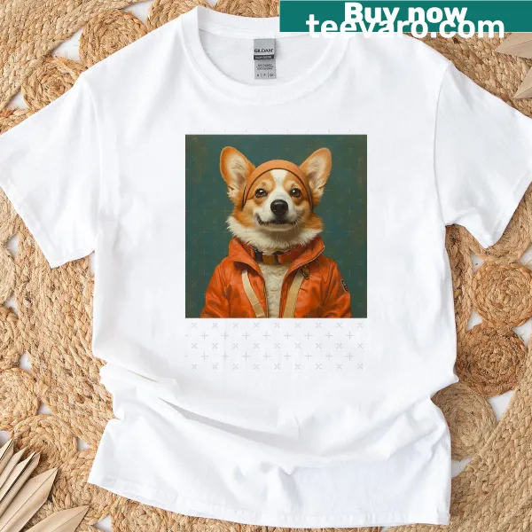 Illustrated t-shirt featuring a corgi boy band in fun poses