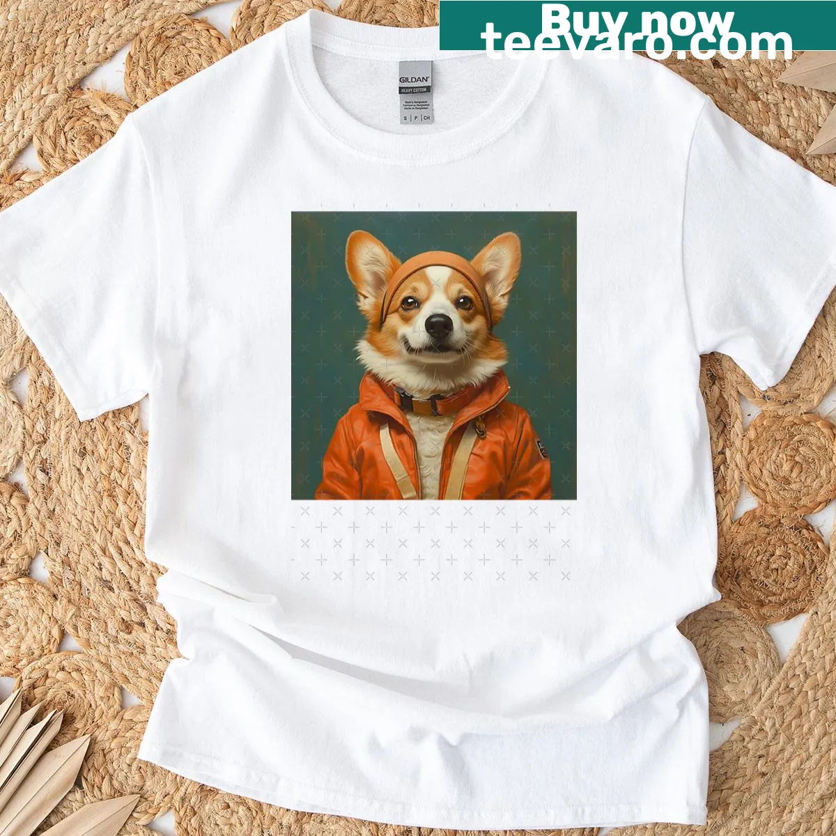 Illustrated t-shirt featuring a corgi boy band in fun poses — on a men's t-shirt