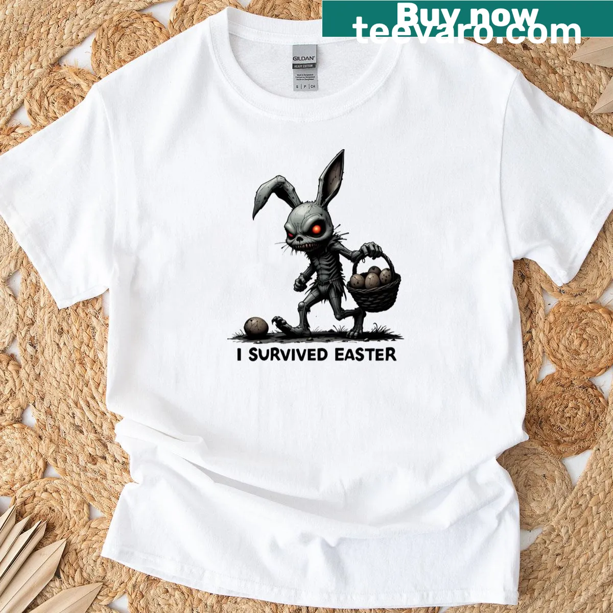 T-shirt with a cartoon zombie bunny and text 'I Survived Easter' — on a men's t-shirt