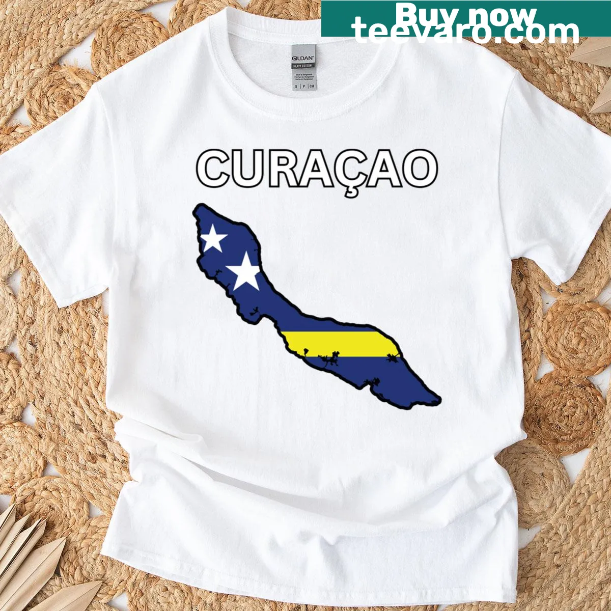 T-shirt featuring the Curaçao flag map design — on a men's t-shirt