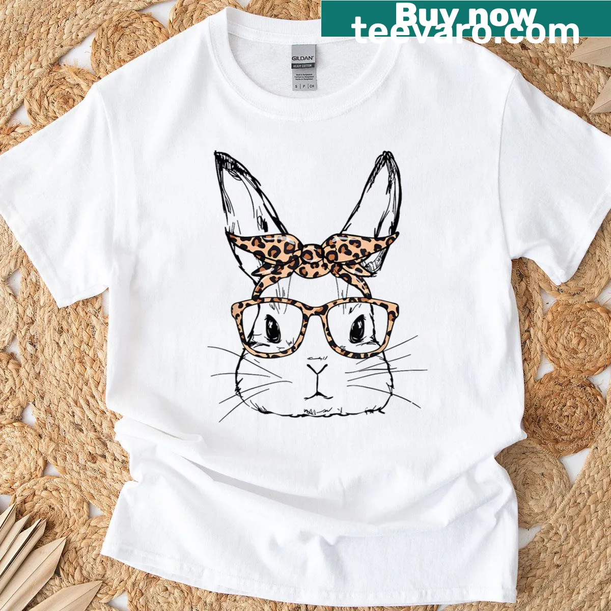 Cute bunny face t-shirt with leopard glasses and bandana — on a men's t-shirt