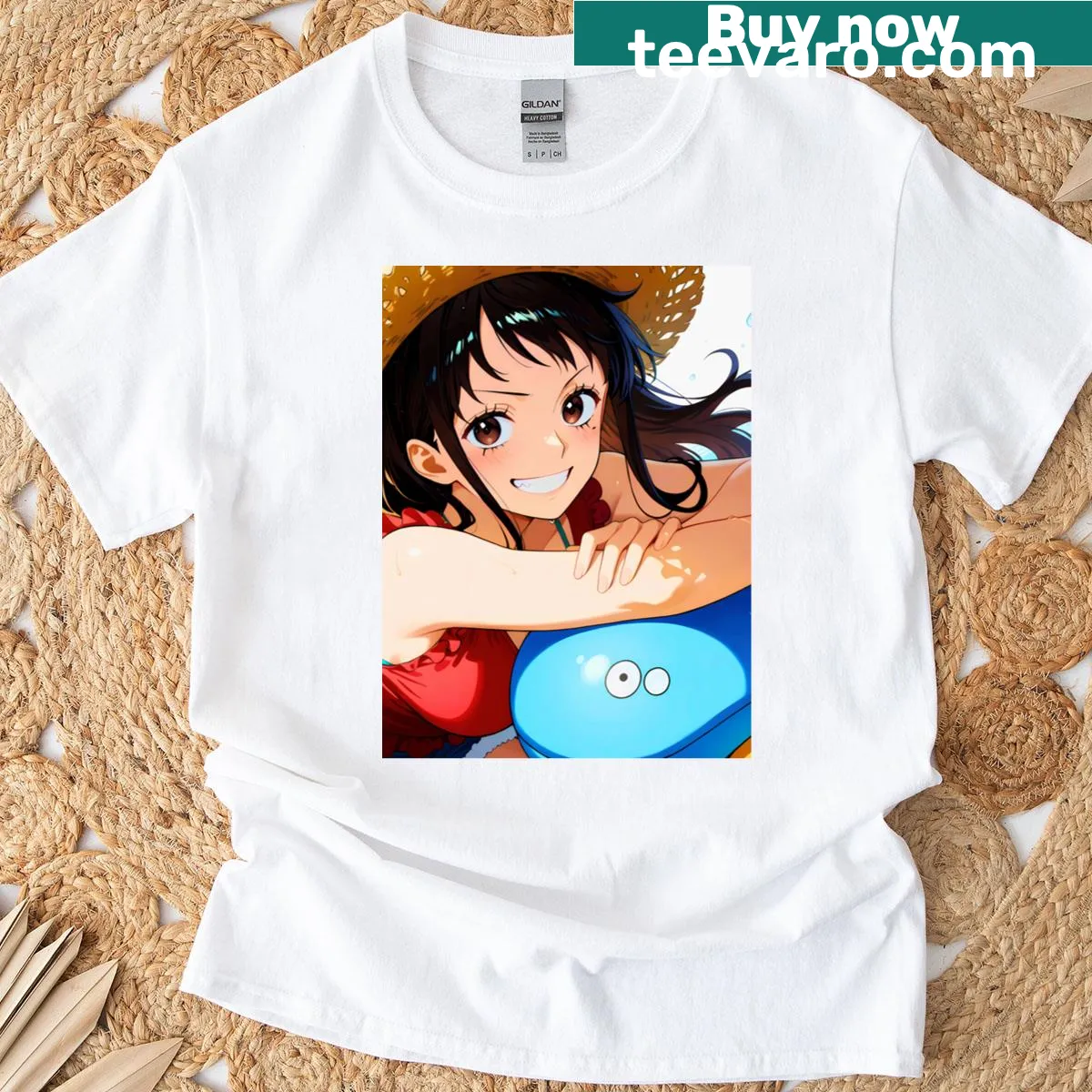 Cartoon pirate girl in straw hat on a t-shirt — on a men's t-shirt