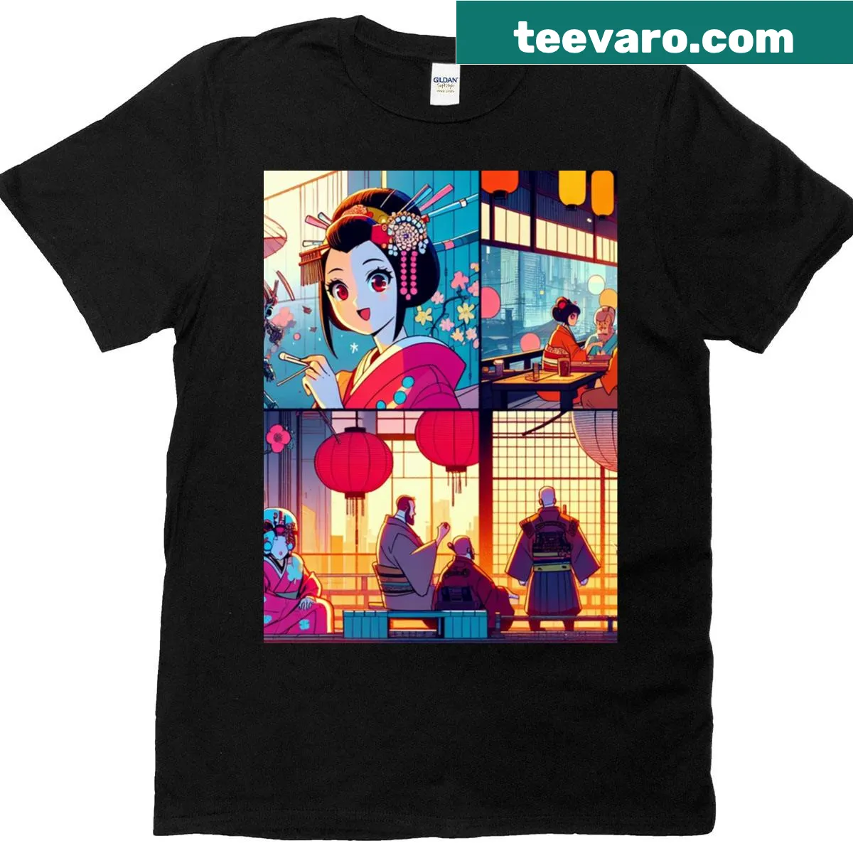 Cyber-samurai themed graphic t-shirt — on a men's t-shirt
