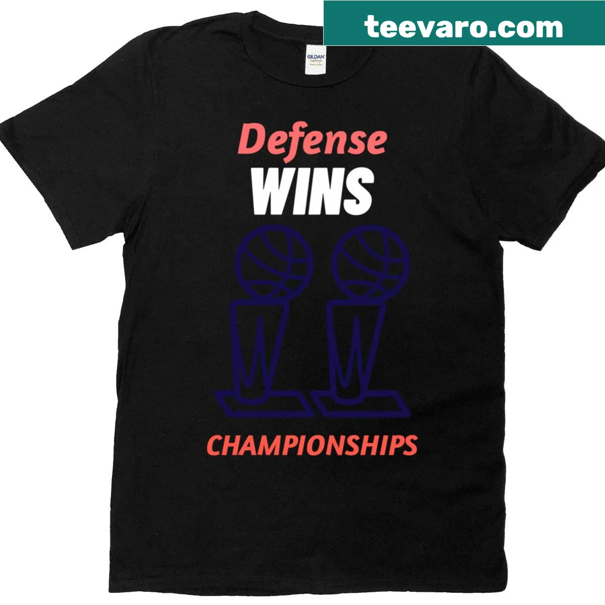 Typographic T-shirt featuring 'Defense Wins Championships' slogan — on a men's t-shirt