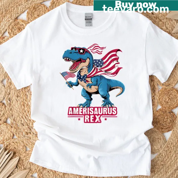 T-shirt with a patriotic Amerisaurus T-Rex graphic for July 4th