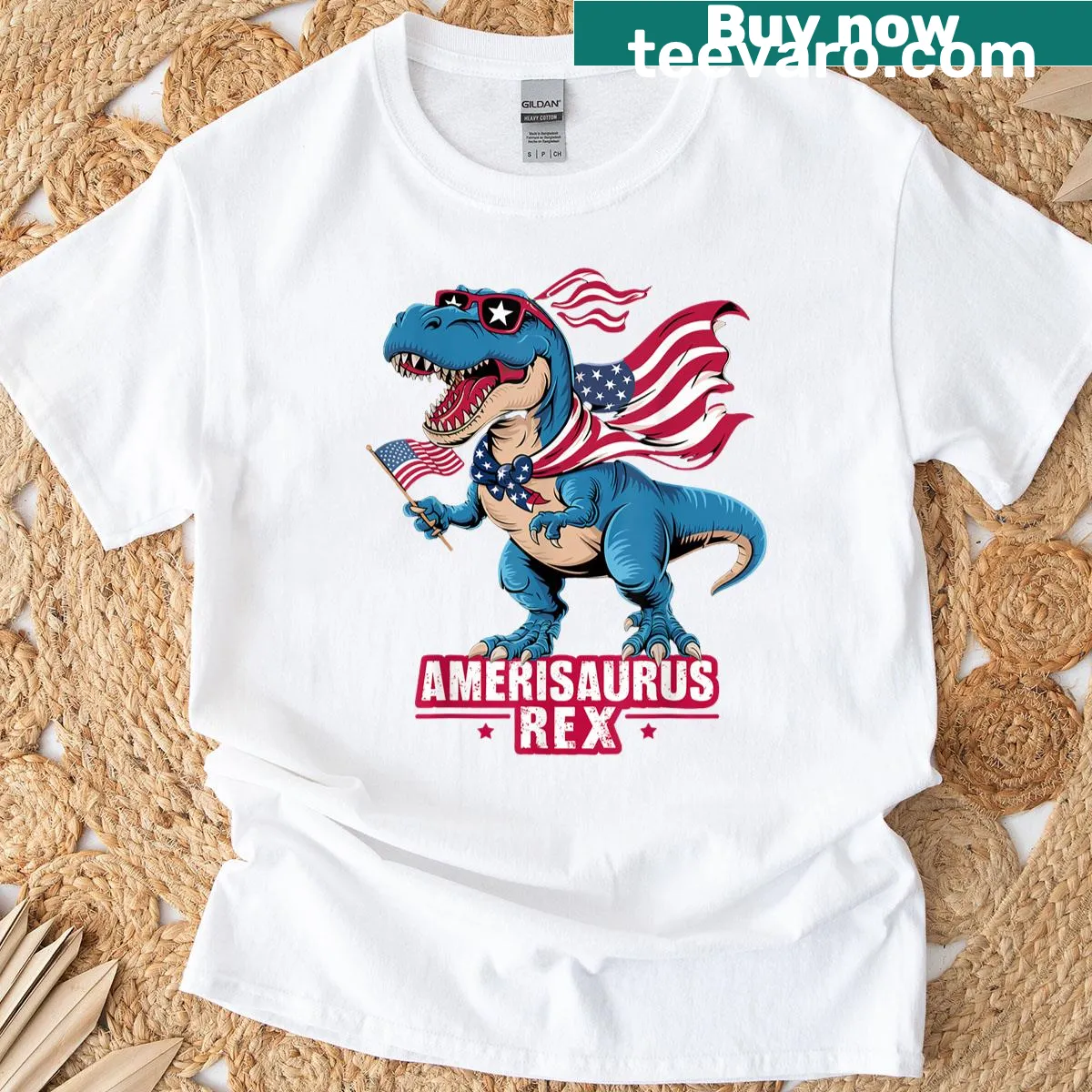 T-shirt with a patriotic Amerisaurus T-Rex graphic for July 4th — on a men's t-shirt