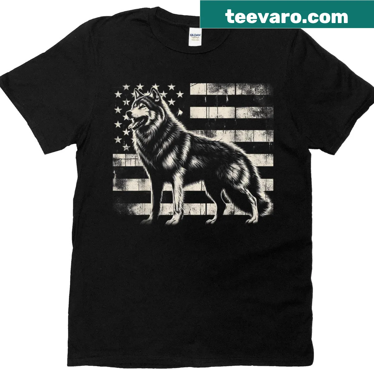 Dire wolf silhouette against a distressed American flag. — on a men's t-shirt