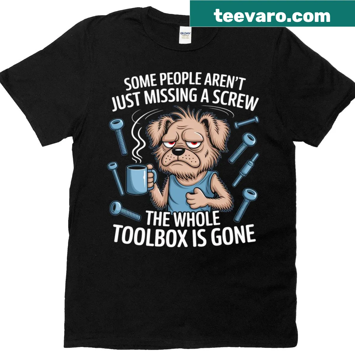 Humorous coffee lover T-shirt featuring dog-themed text. — on a men's t-shirt