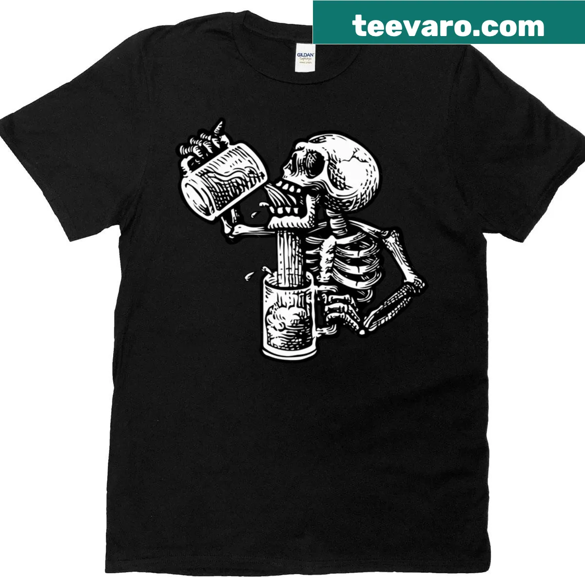 Funny illustration of a drunk skull holding a drink — on a men's t-shirt