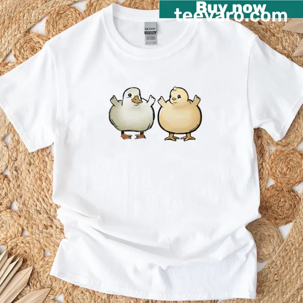 Playful cartoon of a duck and chicken on T-shirt