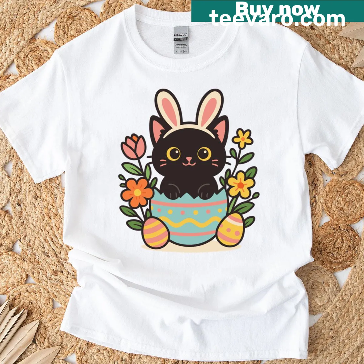 Cute Easter black cat with bunny ears and flowers illustration — on a men's t-shirt