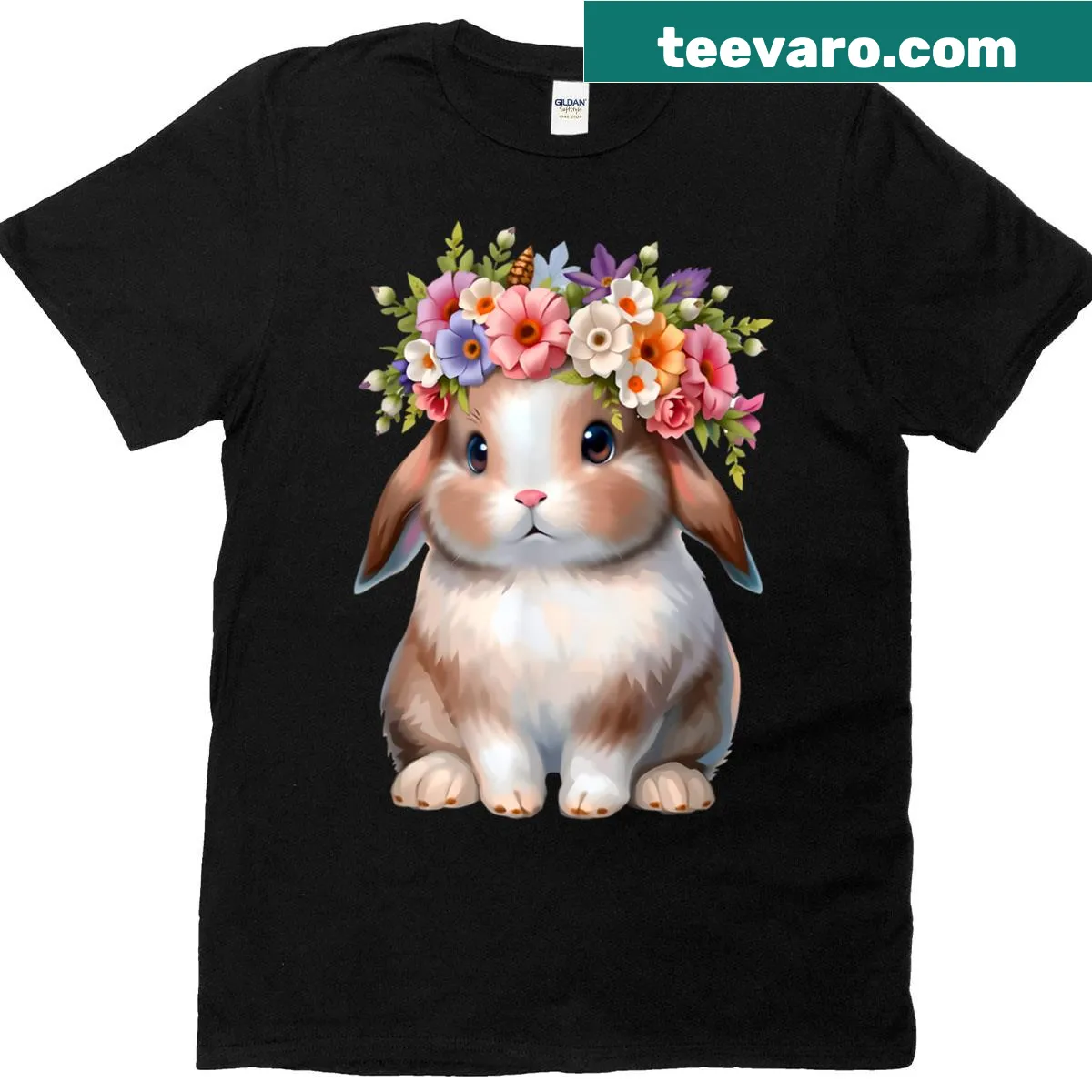T-shirt featuring a cute Easter bunny graphic surrounded by flowers — on a men's t-shirt