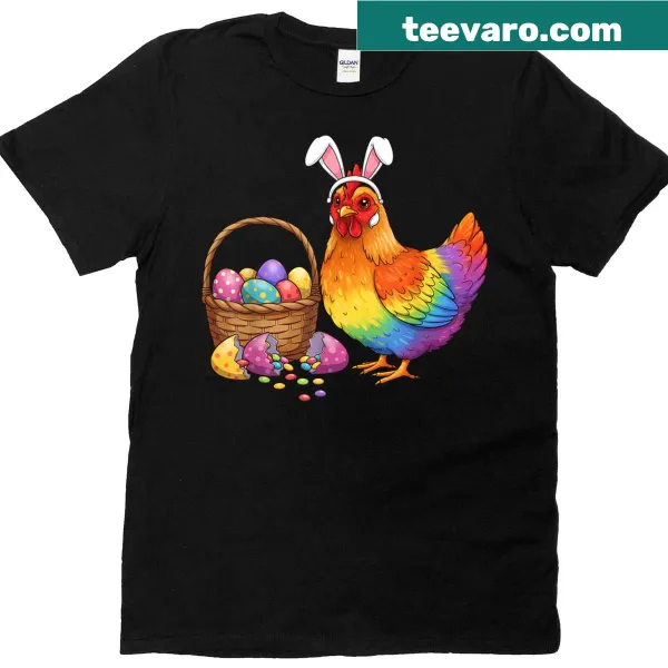 Funny T-shirt featuring a chicken with bunny ears and eggs for Easter