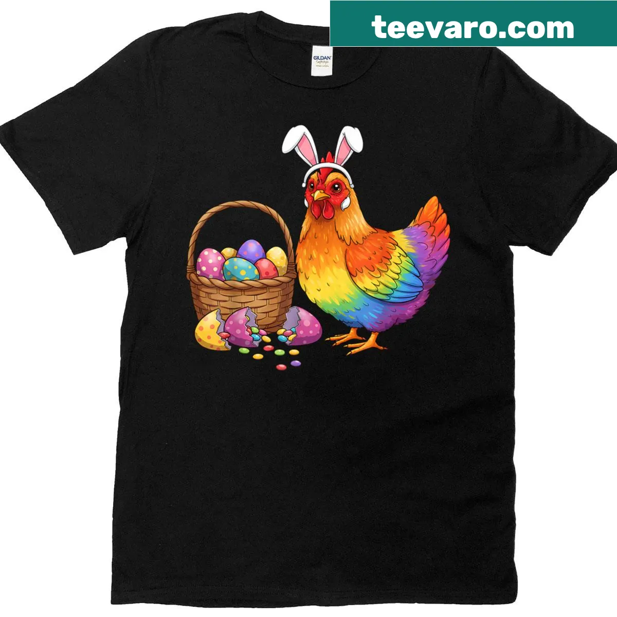 Funny T-shirt featuring a chicken with bunny ears and eggs for Easter — on a men's t-shirt