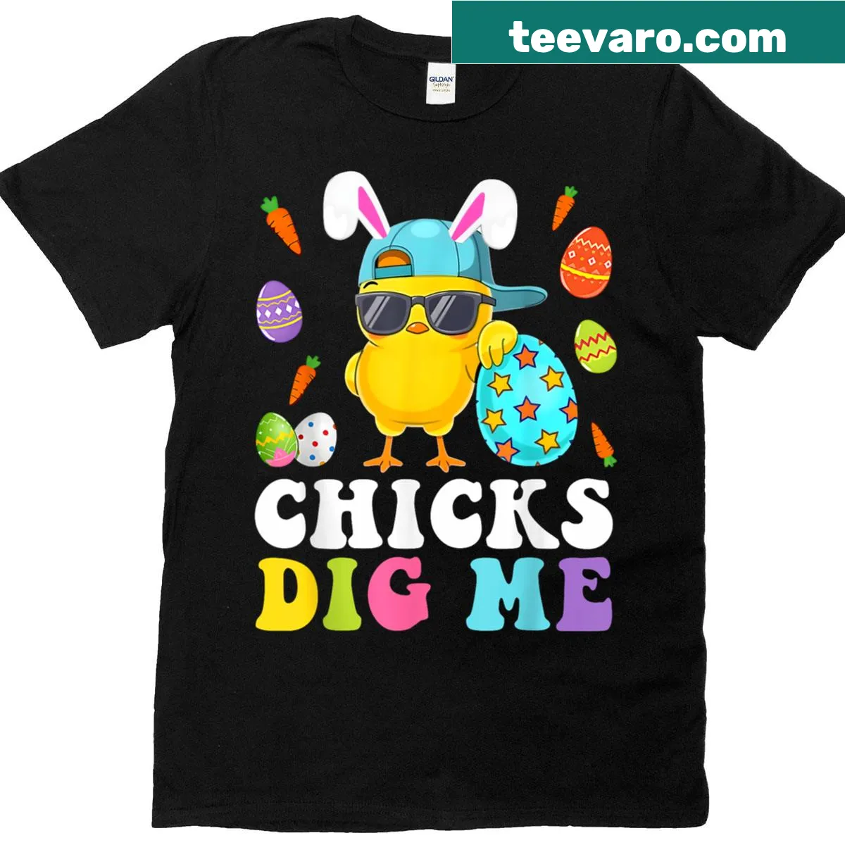 Cute chicks graphic with 'Chicks Dig Me' text for kids T-shirt — on a men's t-shirt