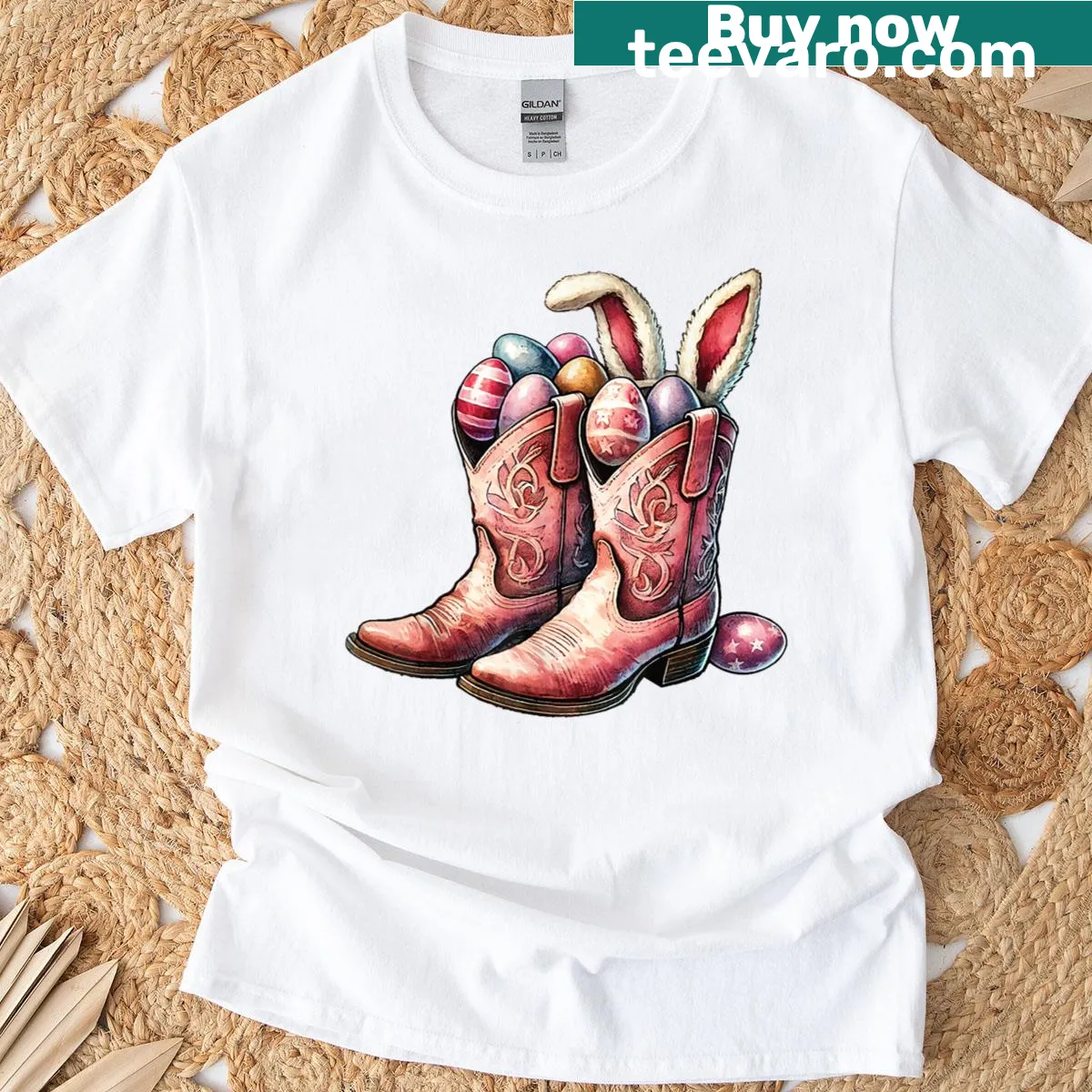 Vintage Easter T-shirt with cowboy boots and colorful eggs — on a men's t-shirt