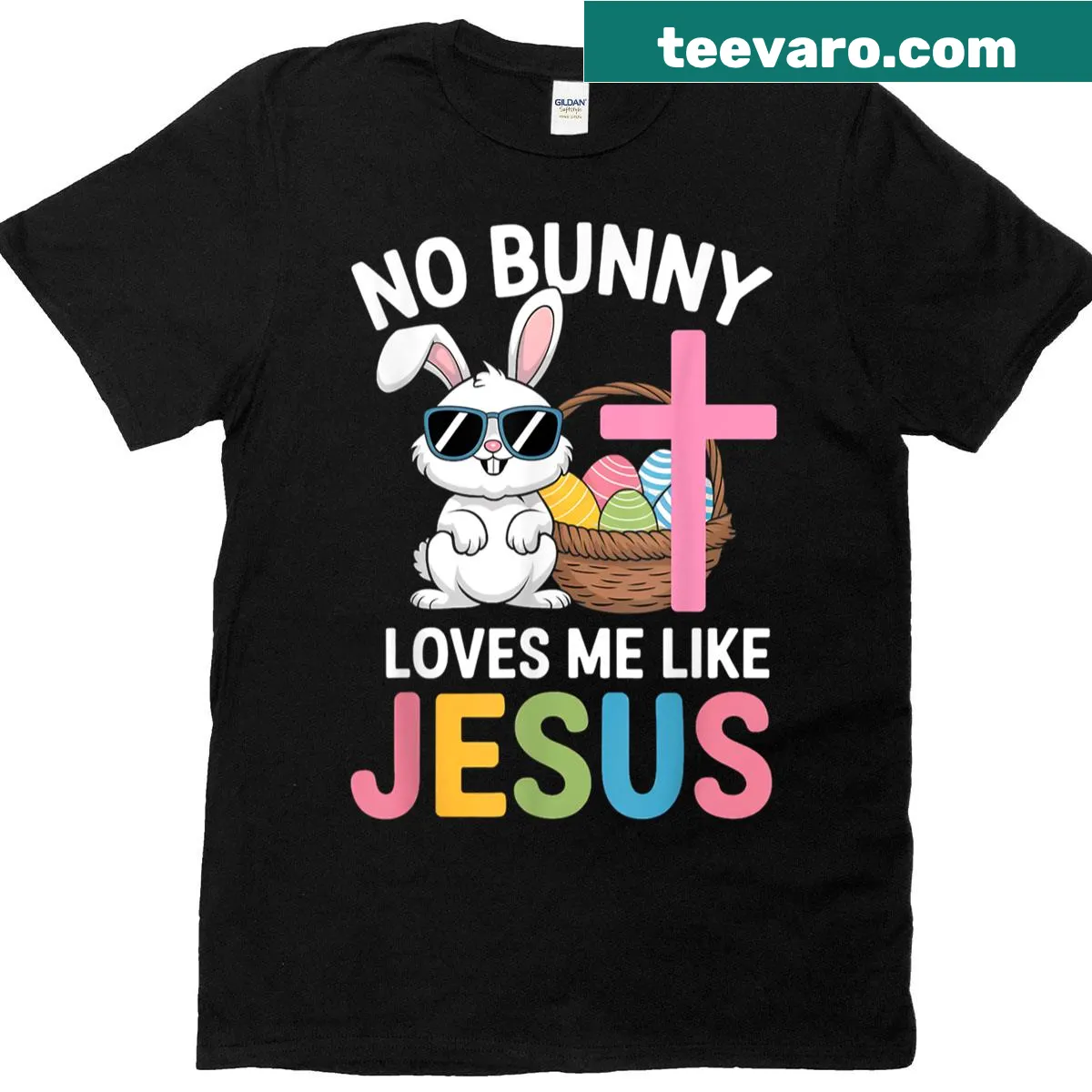 Easter t-shirt with text 'No Bunny Loves Me Like Jesus' in a playful font. — on a men's t-shirt