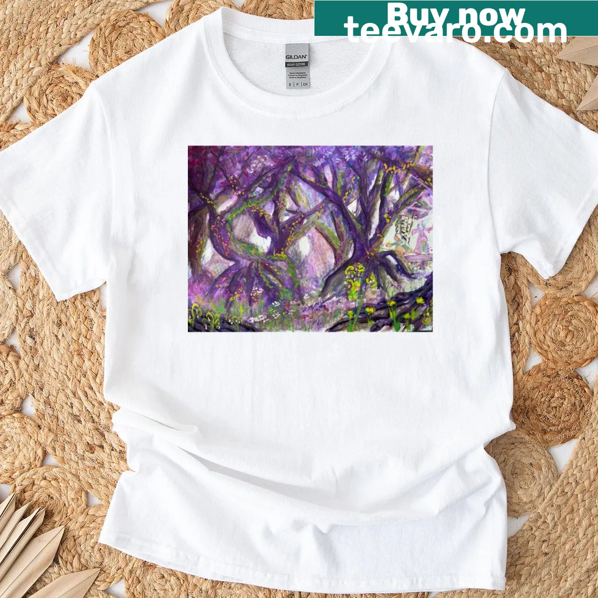 Whimsical t-shirt with fantasy woodland illustrations — on a men's t-shirt