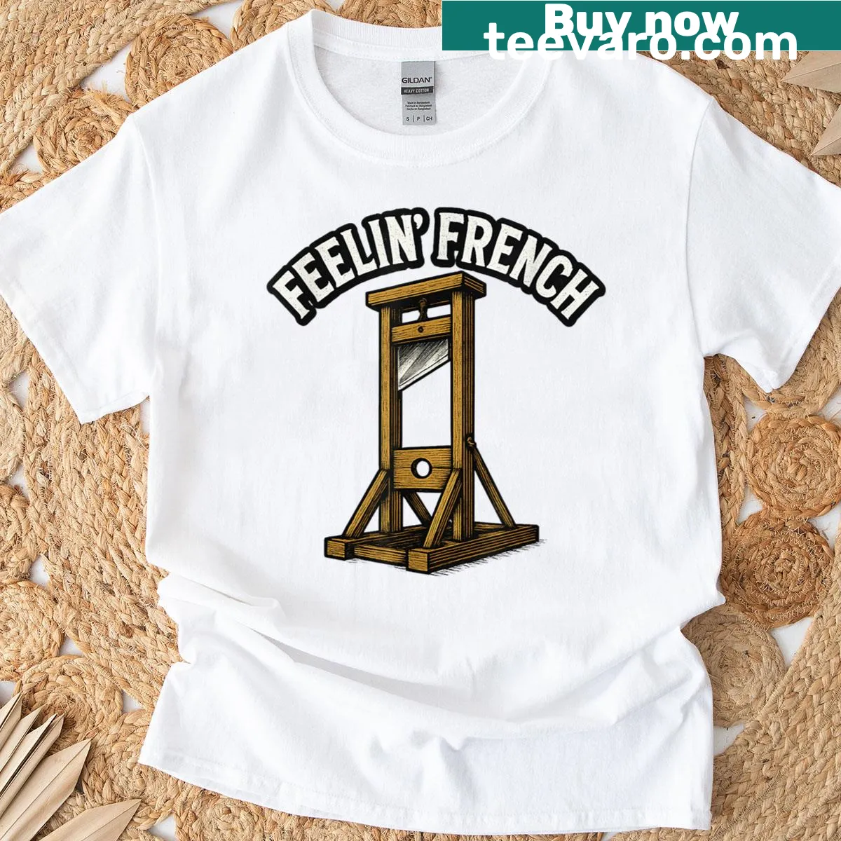Vintage distressed Feelin French t-shirt with playful typography — on a men's t-shirt