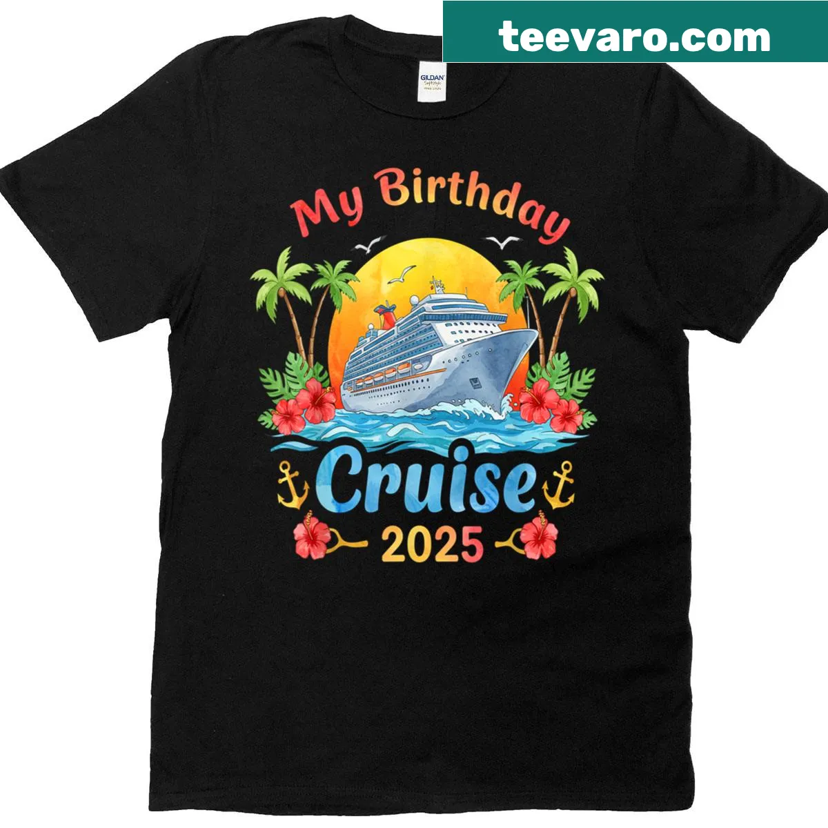 Cruise ship birthday party T-shirt featuring a colorful illustration — on a men's t-shirt