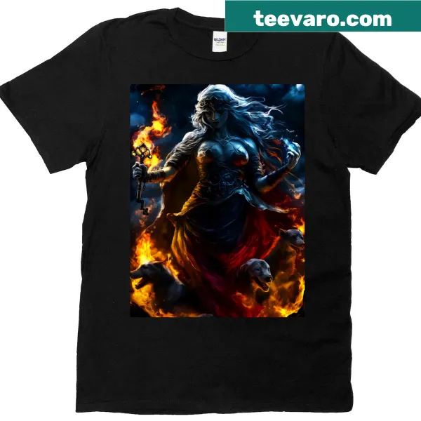 Illustrative T-shirt showcasing a fierce sorceress with wolves