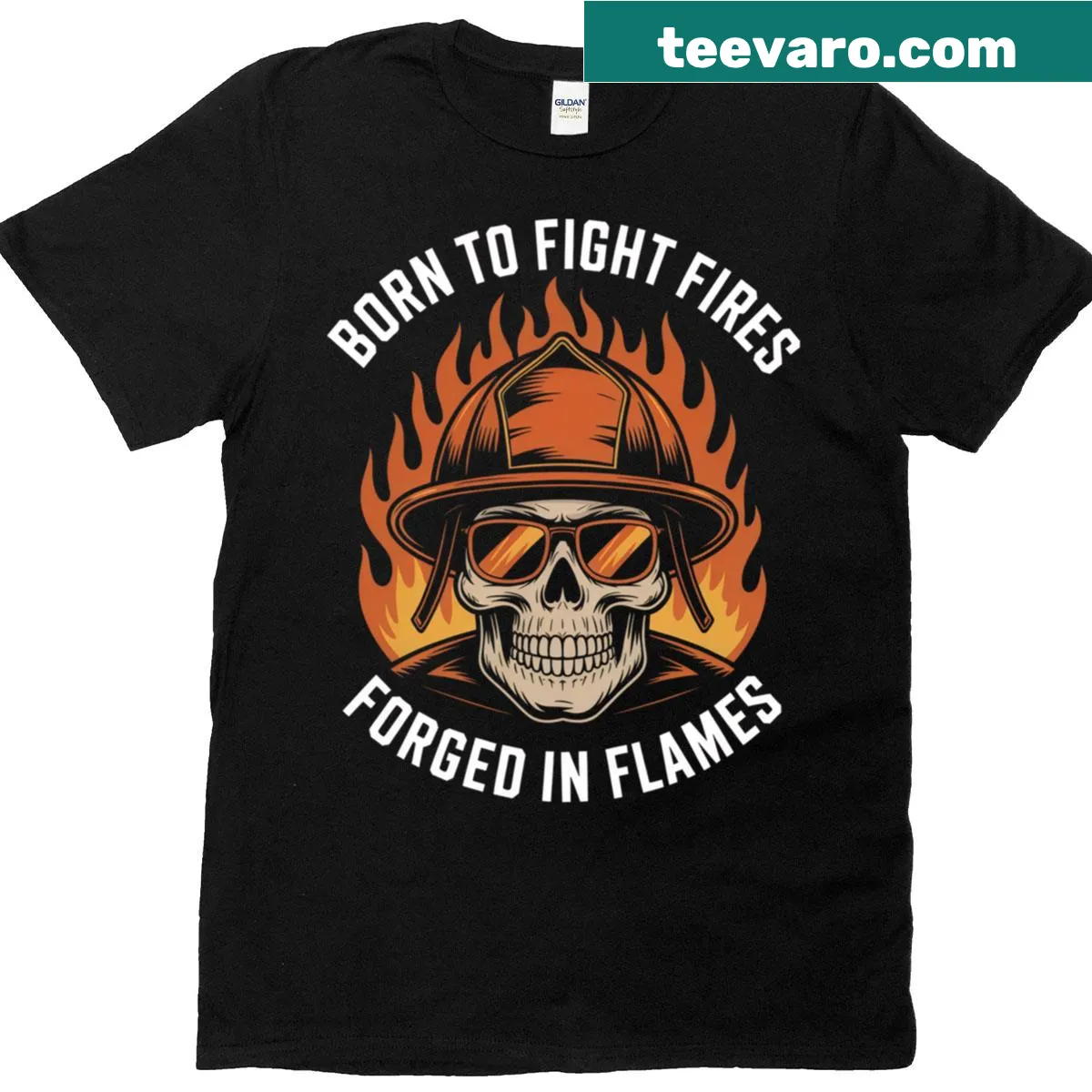 Skull graphic T-shirt for firefighters with flames — on a men's t-shirt
