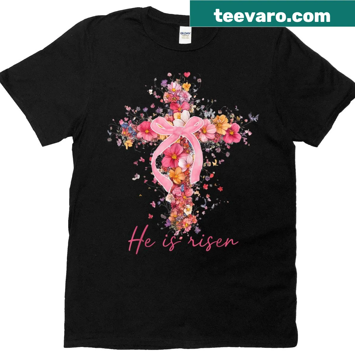 Floral design with 'He Is Risen' text and pink bow on a T-shirt — on a men's t-shirt