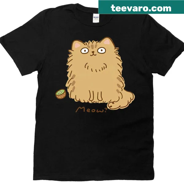 Cute illustration of a fluffy cat with a kiwi on a t-shirt