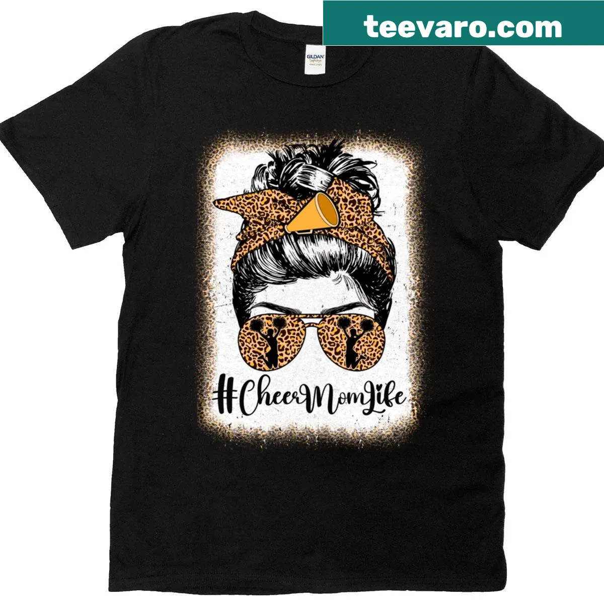 Illustrative design of a messy bun and cheer megaphone on a leopard background — on a men's t-shirt