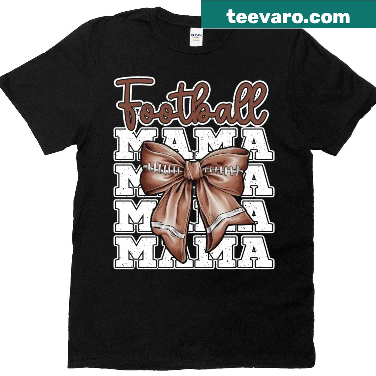 Charming Football Mama t-shirt with coquette bow design — on a men's t-shirt