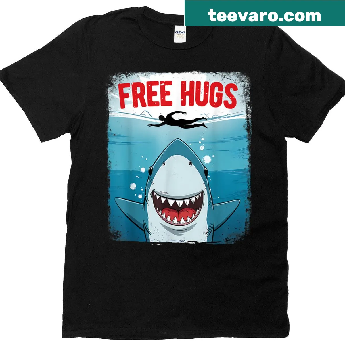 Whimsical shark illustration offering hugs on a t-shirt — on a men's t-shirt