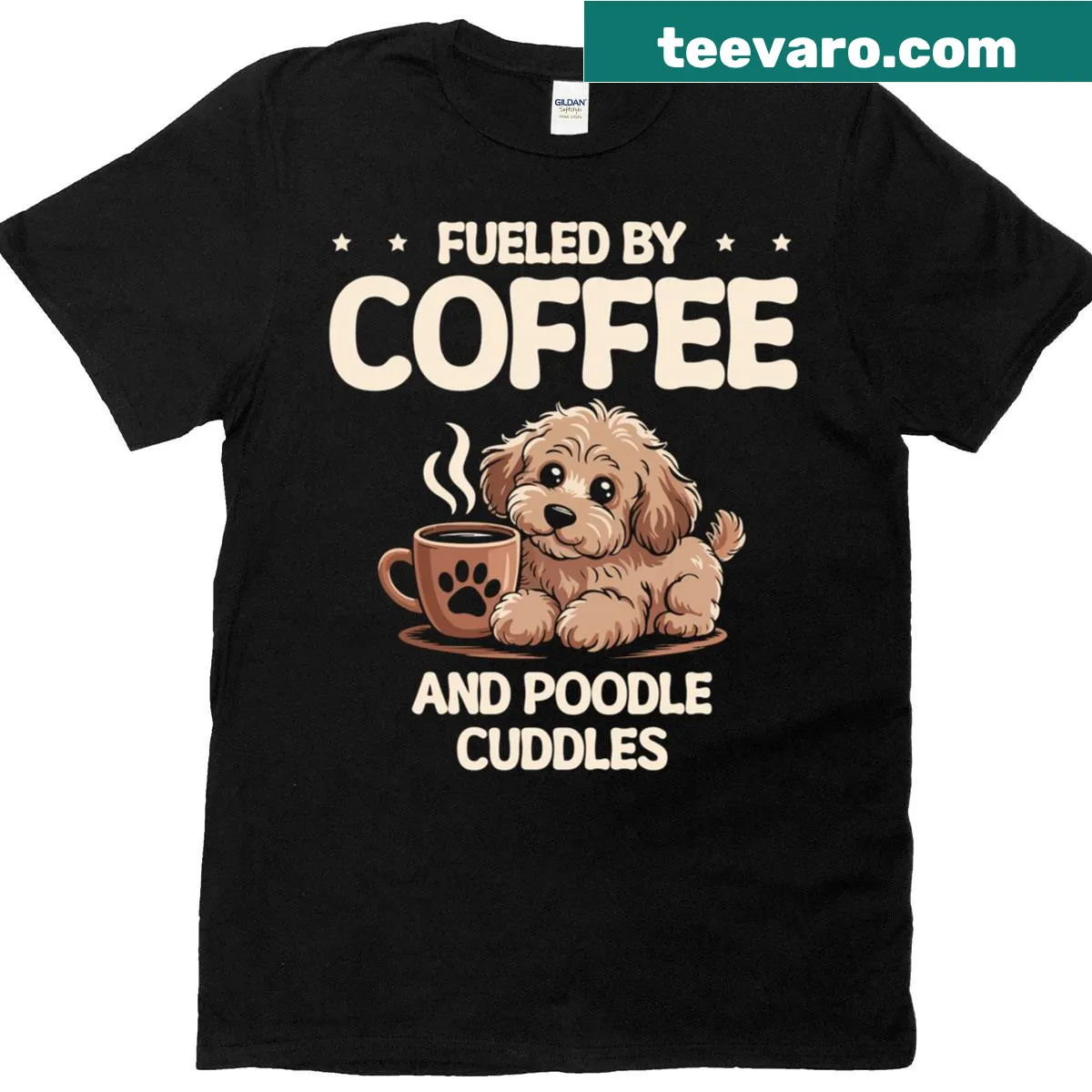 Coffee and poodle cuddles themed funny t-shirt — on a men's t-shirt