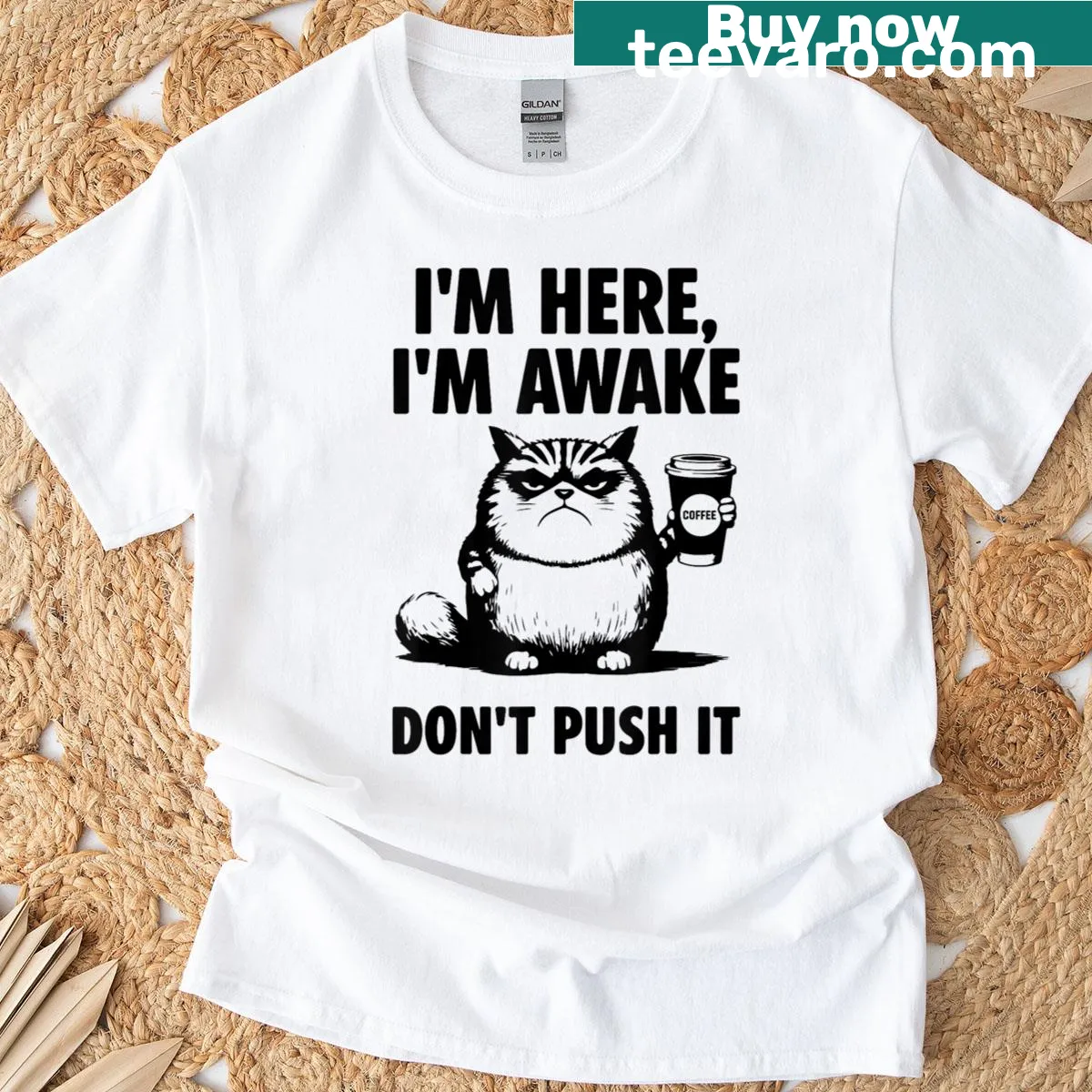 T-shirt with cat and coffee quote 'I'm here, I'm awake' — on a men's t-shirt
