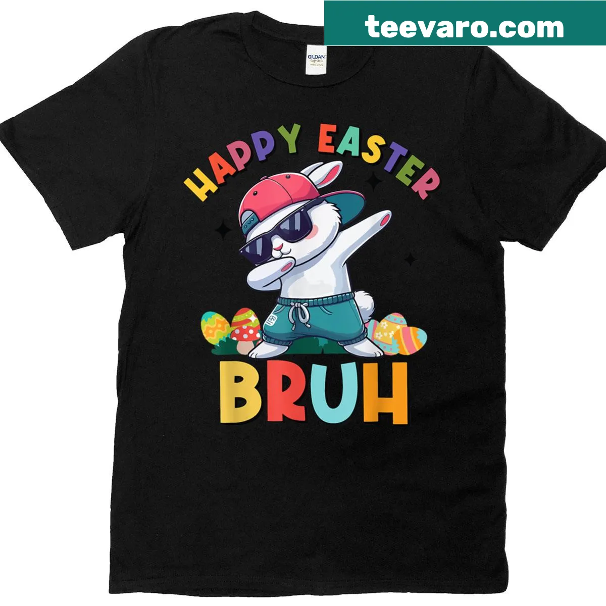 Cute Easter shirt with a dabbing bunny graphic — on a men's t-shirt