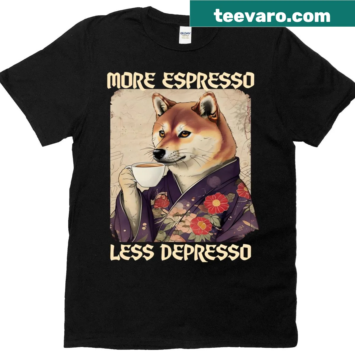 Graphic of a Shiba Inu in a kimono with coffee — on a men's t-shirt