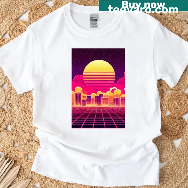 Futuristic sunset graphic T-shirt with a minimalist design