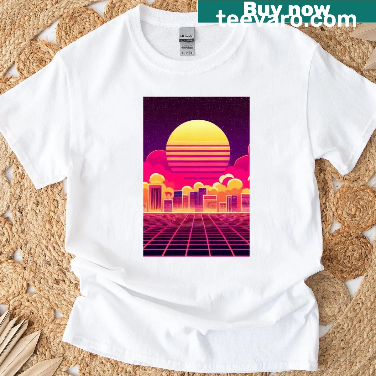 Futuristic sunset graphic T-shirt with a minimalist design — on a men's t-shirt