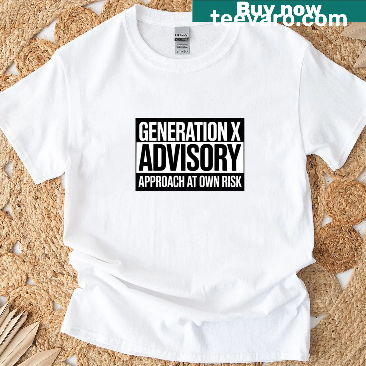 Nostalgic t-shirt with a Generation X advisory label design — on a men's t-shirt