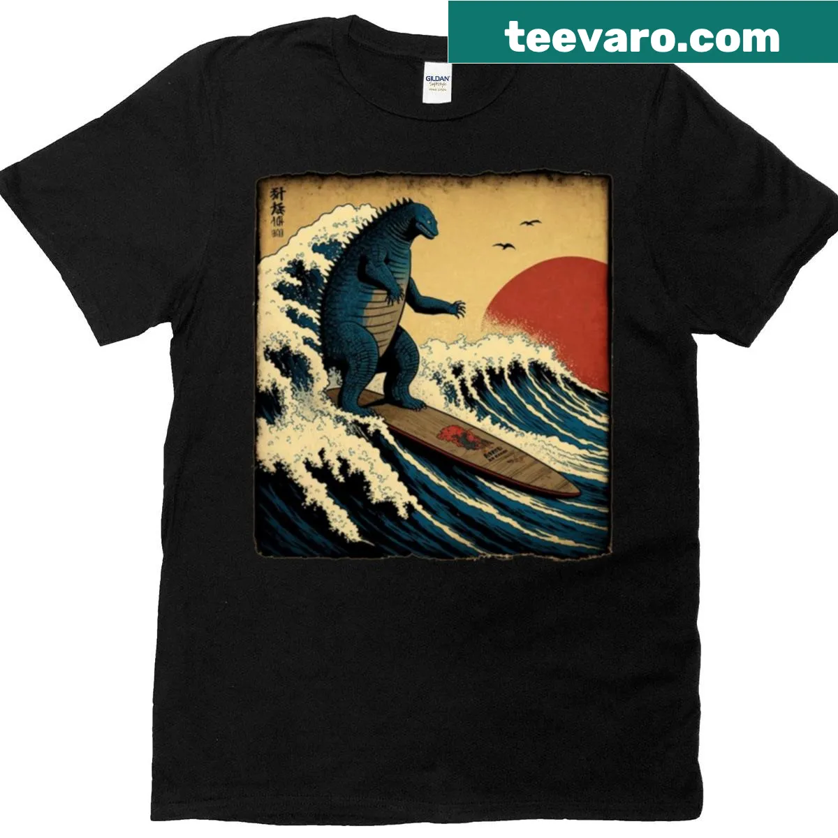 Funny illustration of Godzilla surfing the Great Wave — on a men's t-shirt