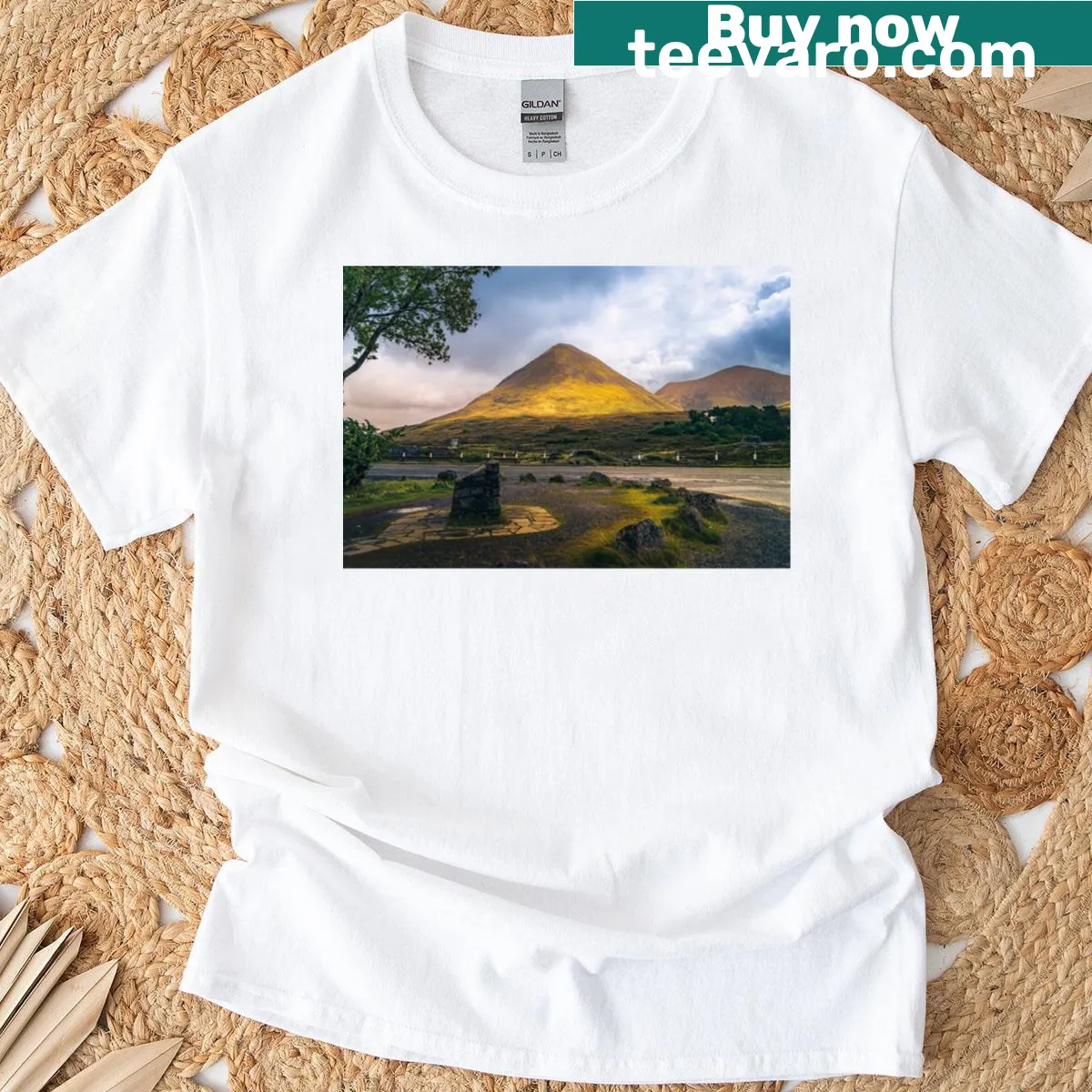 Stunning landscape photograph of Scottish Highlands at sunset on a t-shirt — on a men's t-shirt