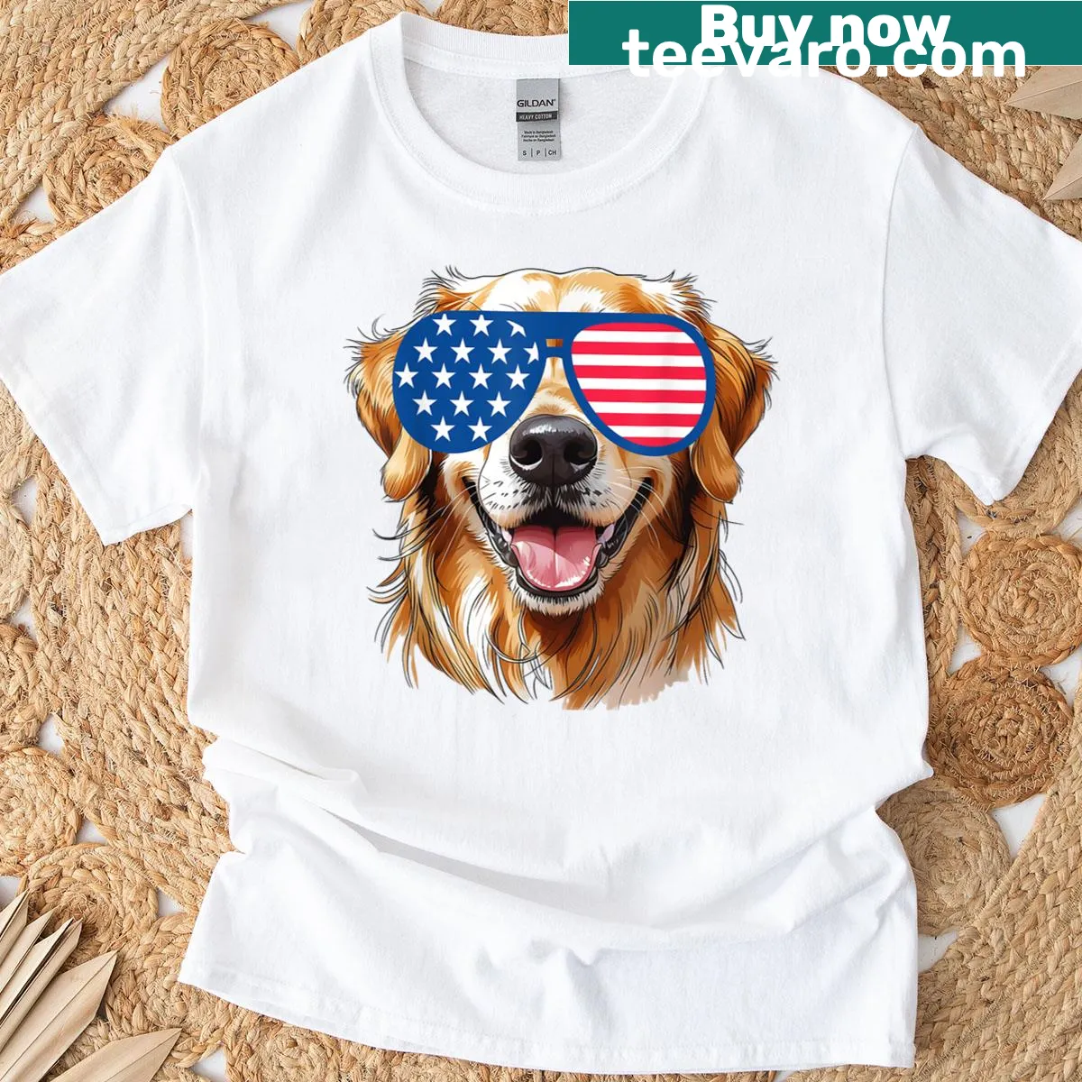Golden retriever with American flag design for patriotic t-shirt — on a men's t-shirt