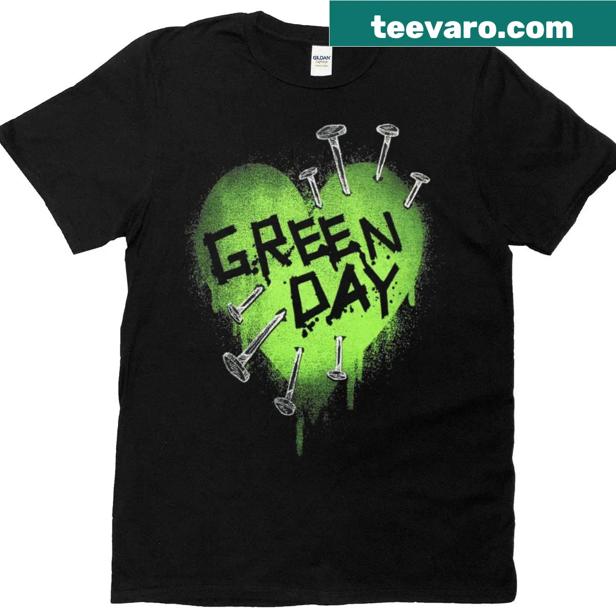 Vintage-style T-shirt featuring Green Day band graphics — on a men's t-shirt