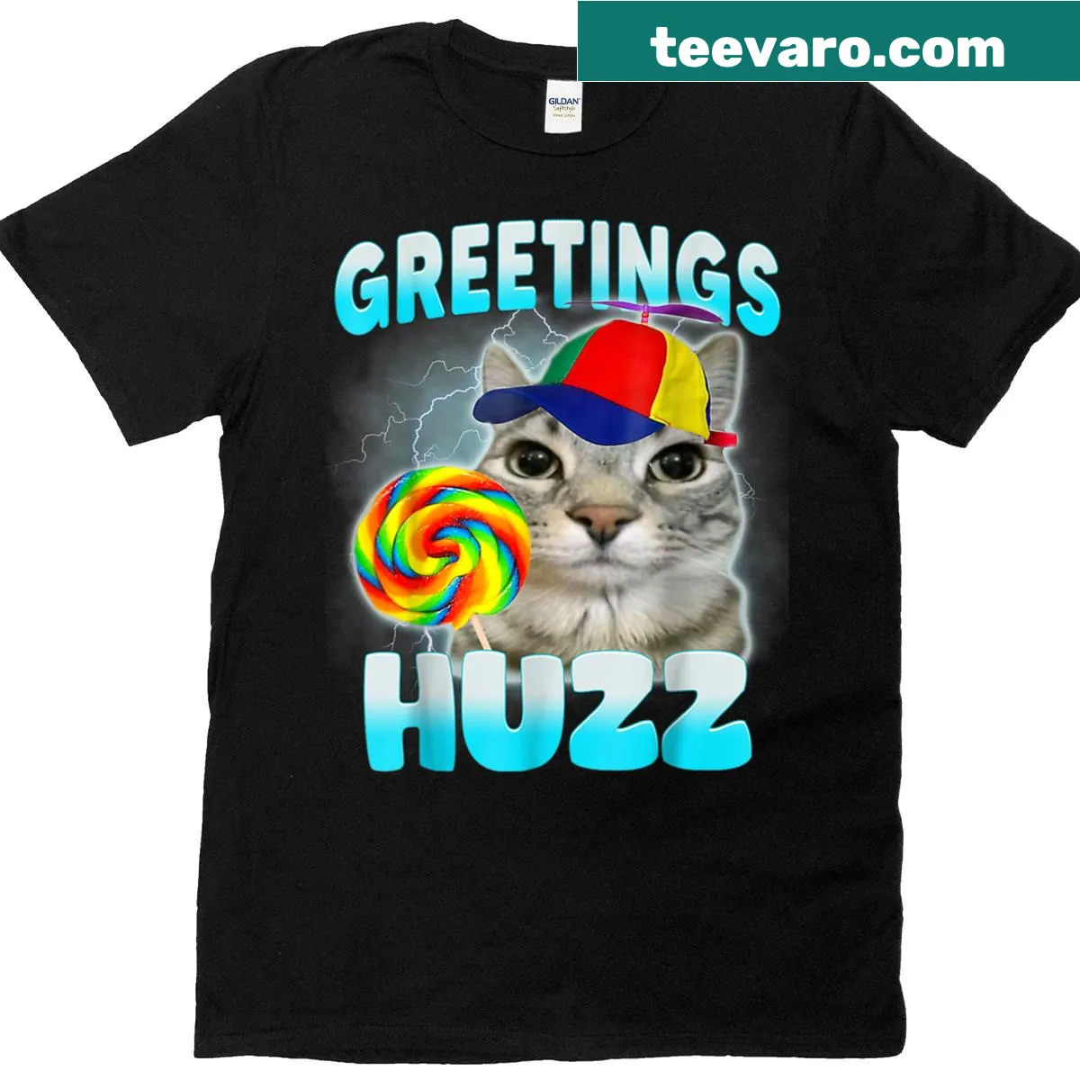Funny Gen Z slang Huzz t-shirt in bright typography — on a men's t-shirt