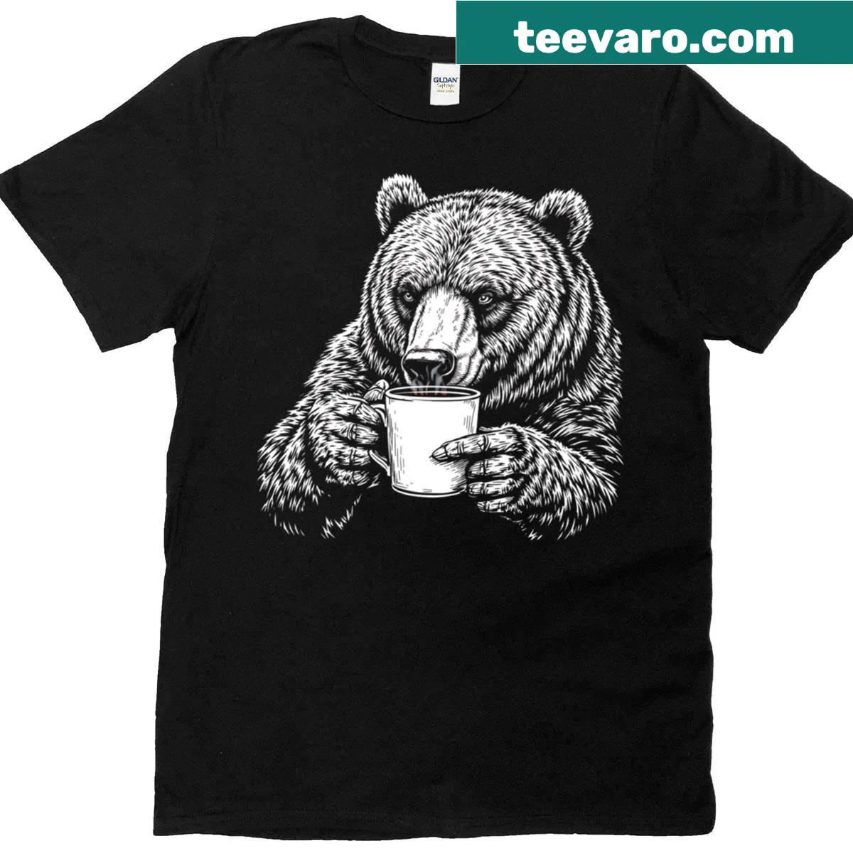 Illustration of a grizzly bear drinking coffee — on a men's t-shirt