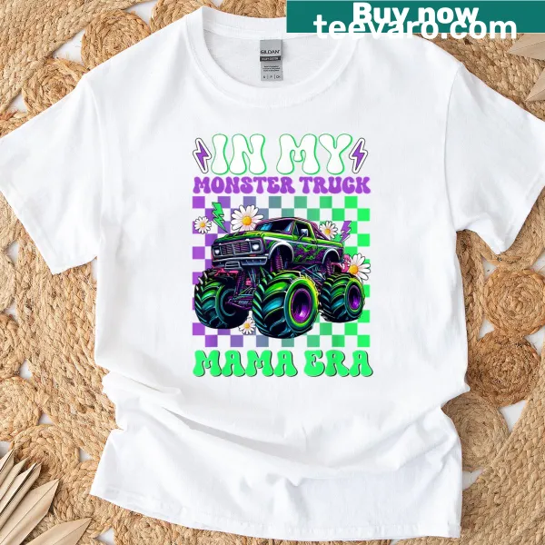 Playful monster truck graphic on a mom's T-shirt